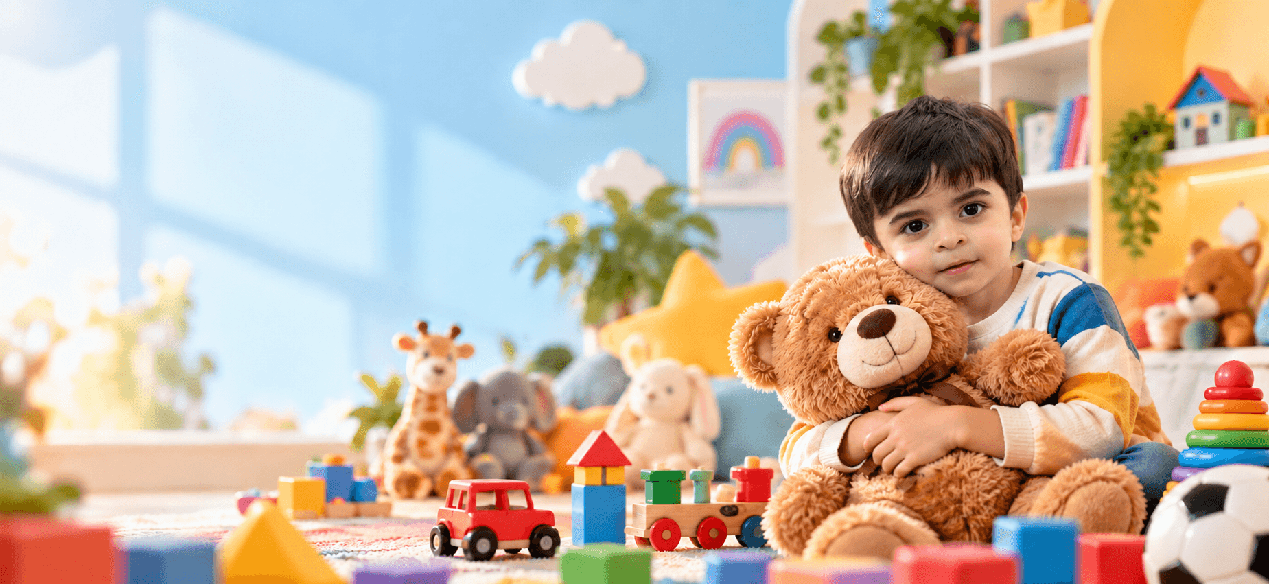A child cuddles a teddy bear in a bright, toy-filled playroom